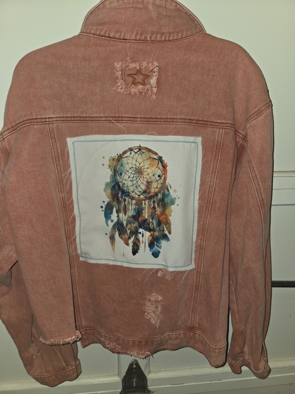 POL faded Red Distressed washed denim jacket with dreamcatcher back patch